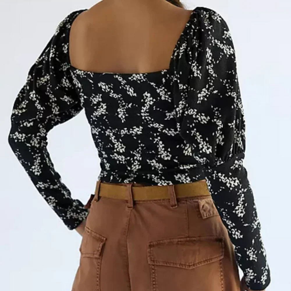 Anthropologie XL NWT Sweetheart Top Black Motif Puff Sleeves Blouse
